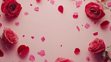 Frame made of rose flowers, confetti on pink background. Valentine's Day background. 