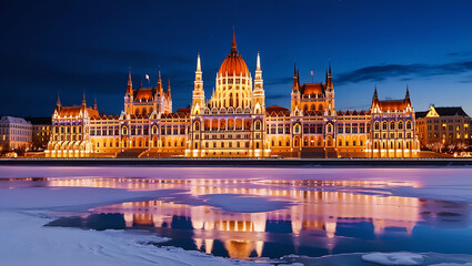Fototapeta premium Illuminated Parliament building at night, reflecting on a frozen river.