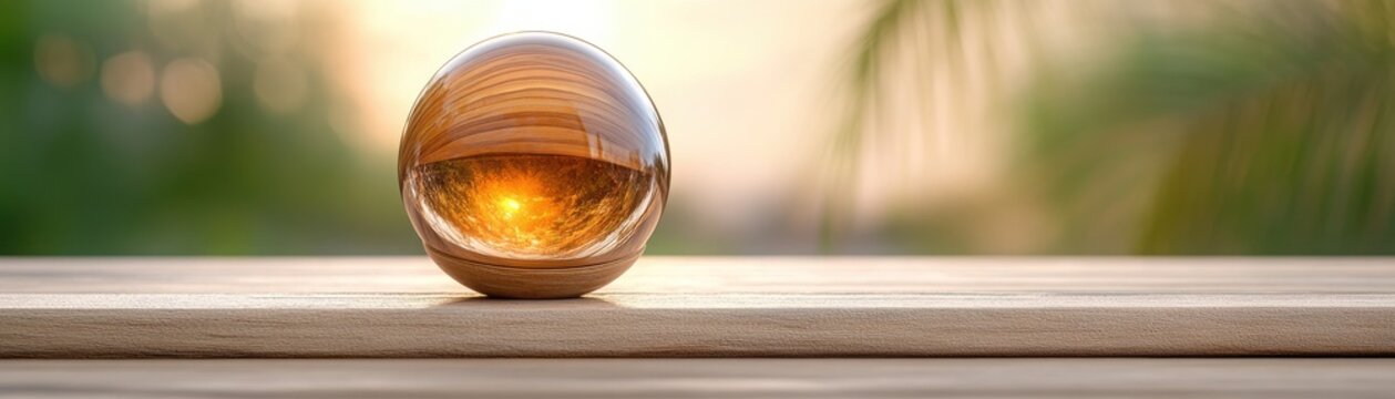 Investing mistake fail business and volatility Concept, A reflective orb sits on a wooden surface, capturing warm light from a sunset and surrounded by a serene, natural ambiance.