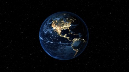 Fototapeta premium A Stunning View of Earth from Space Illuminated by City Lights Showcasing North and South America Against a Deep Black Starry Background
