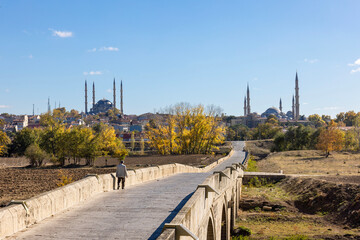 View of Selimiye and the old mosque from the Bayezit II Bridge in Edirne, one of the capitals of the Ottoman Empire