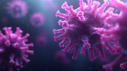 Microscopic virus mutation in bright electric colors, showcasing intricate details and textures. This vibrant representation highlights complexity of viral structures