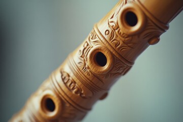 Naklejka premium Carved wooden flute with intricate patterns, showcasing fine craftsmanship and a warm, earthy texture, suggesting a connection to tradition and music.