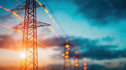 A vibrant sunset scene featuring power lines against a colorful sky, highlighting the connection between nature and energy infrastructure.