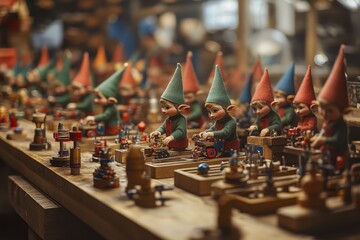 Rows of toy elves work in a magical, bustling workshop, filled with tiny tools and festive trinkets, capturing holiday wonder.
