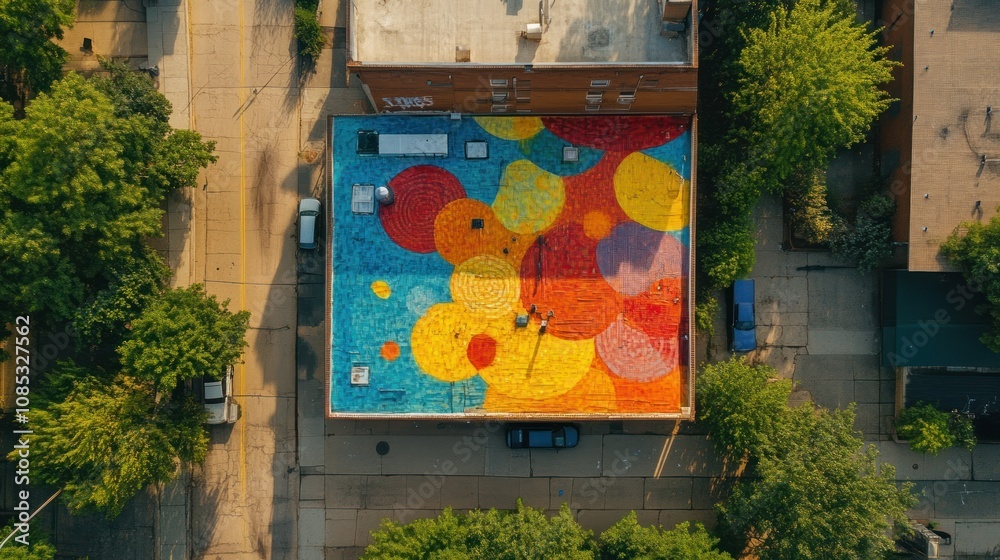 Poster aerial view of a building with a colorful mural on its roof