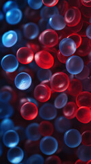 Colorful blood cell cluster illuminated in red and blue, showcasing vibrant hues and intricate details. This captures beauty of microscopic structures in striking way