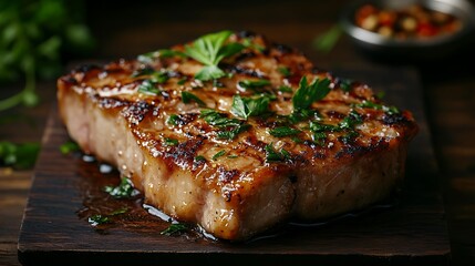 Sizzling Roasted Pork Steak Presented on Dark Wooden Tray Image