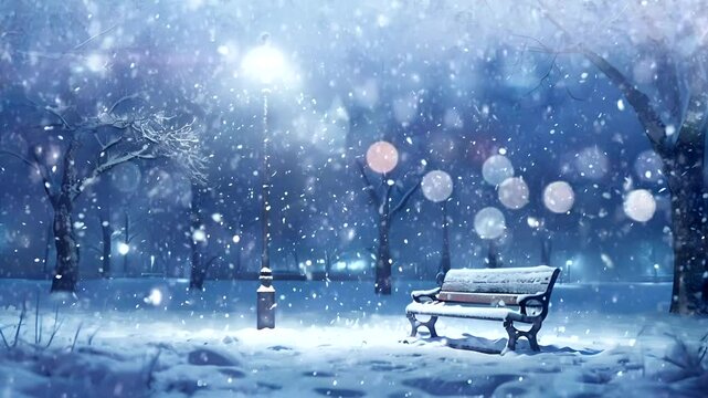 A snow-covered park bench glowing softly under streetlights on a winter night Seamless looping 4k time-lapse animation video background  