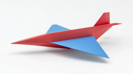 Naklejka premium Red and Blue Paper Airplane: A red and blue paper airplane, folded with precision, takes flight. The simple yet elegant design evokes a sense of childhood imagination and the thrill of soaring. 