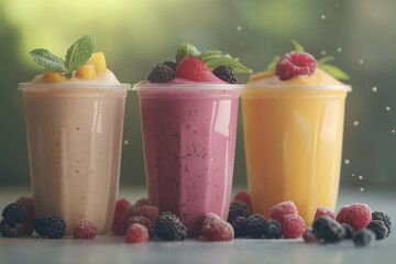 Three refreshing smoothies in plastic cups, topped with fresh berries and mint. A perfect summer treat!