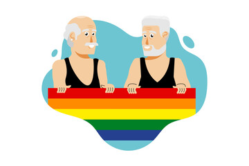Pride Month celebration festival, Senior adult gay couple with LGBT flag, Vector illustration.