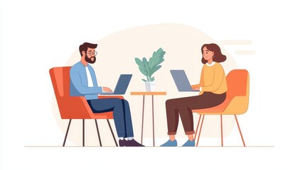 Man and Woman Working Together in Modern Workspace, Using Laptops While Sitting in Comfortable Chairs with Indoor Plant on Table, Elegant Minimalist Design