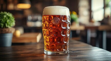 A full glass of amber beer with a thick head sits on a wooden table in a pub setting.