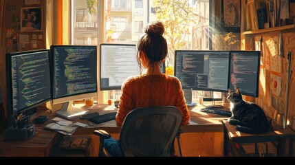 Woman Working on Multiple Monitors in Cozy Home Office with Cat, Natural Light Streaming Through Window, Showcasing Coding and Technology in a Vibrant Environment