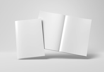 Magazine cover and open magazine mockup on white background. Empty brochure template on blank. 3D rendering