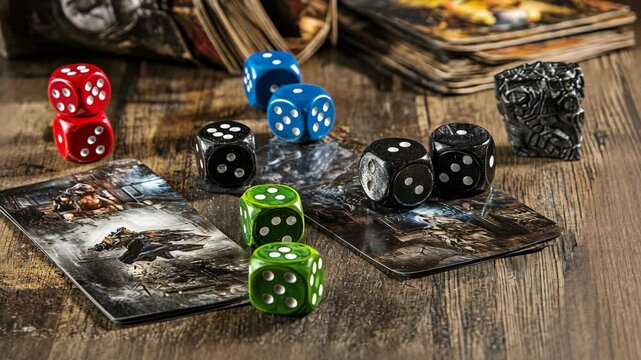 Multiple colored dice rest on a rustic wooden surface alongside several game cards featuring dark fantasy artwork