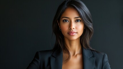 Fototapeta premium Confident Woman Portrait in Professional Attire Against Dark Background, Ideal for Business and Lifestyle Contexts Portraying Elegance and Empowerment
