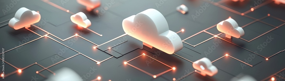 Poster a white cloud network circuit as illustrate cloud deployment workflow with subtle design insights fo