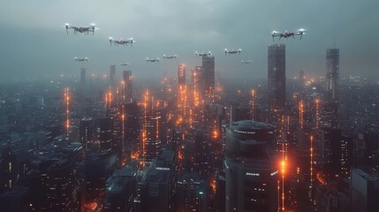 Fototapeta premium Drone City: A futuristic cityscape shrouded in mist with a fleet of drones flying overhead, illuminating the urban landscape with warm, glowing lights. 
