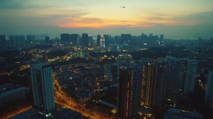 Fototapeta premium Cityscape Twilight: A mesmerizing aerial view of a bustling metropolis bathed in the warm glow of twilight, with the city lights twinkling like stars beneath a vibrant, multi-colored sky.
