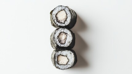 Sushi Trio: Three delectable maki rolls, artfully arranged, showcasing creamy fillings and a rich seaweed exterior. A minimalist culinary masterpiece.