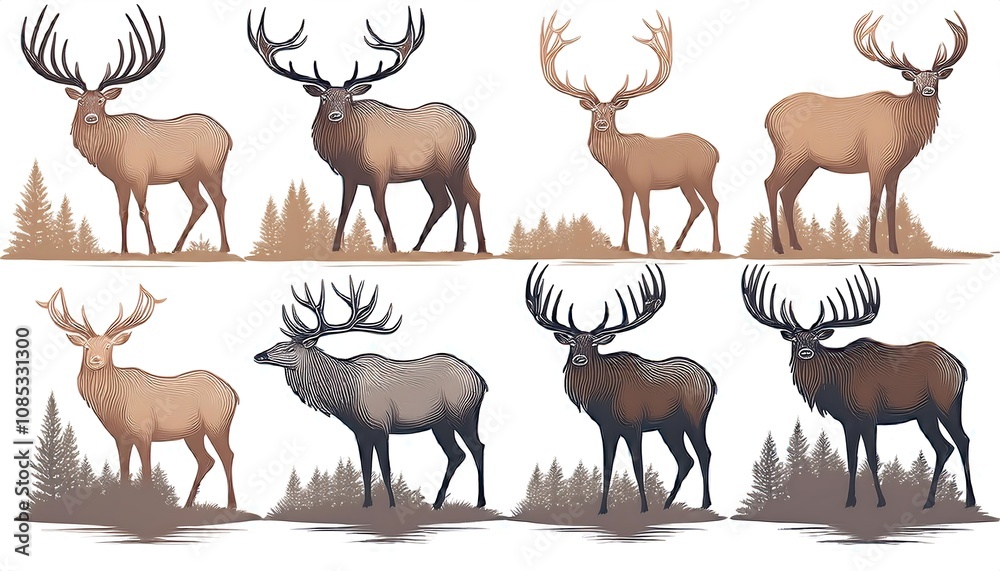 Poster  Vector set featuring elk and deer silhouettes in a muted color palette, isolated on a white_1(508)