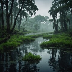 A swampy river with mysterious mist rising and lush greenery all around.


