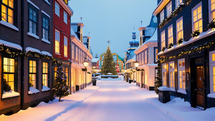 Fototapeta premium Snowy street scene at night, Christmas lights on buildings, snow covered street, Christmas tree in the distance.