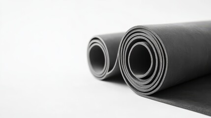 Rolled Up Yoga Mat: Ready for a mindful practice, a grey yoga mat lies rolled up, its textured surface hinting at a journey of stretching, strength, and serenity.  