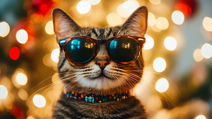 Cat Wearing Sunglasses in Festive Lights
