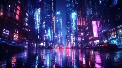 Fototapeta premium A futuristic city street at night, illuminated by neon lights reflecting in the wet pavement.