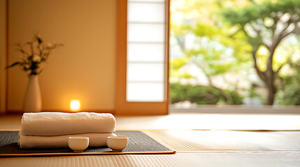serene Japanese tea room featuring white towels, tea cups, and peaceful garden view. warm ambiance invites relaxation and tranquility