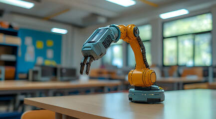A robotic arm is positioned on a table in a classroom, showcasing advanced technology in an educational setting.