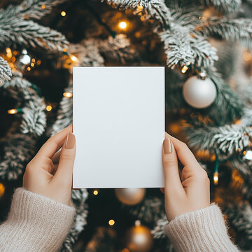 imagine a mockup for a 13x18 cm white blank christmas card. a Woman is Holding the card infront of the christmas tree. you can only See the card and her hands in a Close up. 