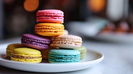Fototapeta premium Close-up of assorted pastel macarons in a vibrant and elegant presentation