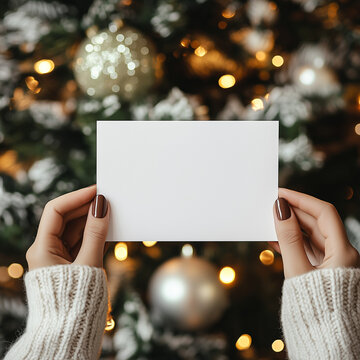 imagine a mockup for a 13x18 cm white blank christmas card. a Woman is Holding the card infront of the christmas tree. you can only See the card and her hands in a Close up. 