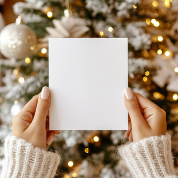 imagine a mockup for a 13x18 cm white blank christmas card. a Woman is Holding the card infront of the christmas tree. you can only See the card and her hands in a Close up. 