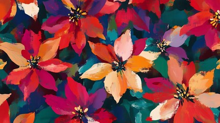 vibrant dark poinsettia floral pattern in Impressionist style, festive Christmas background