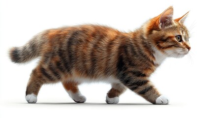 Adorable tabby kitten walking on white background.