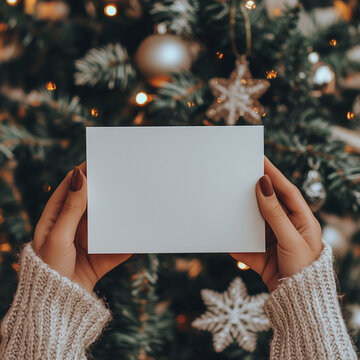 imagine a mockup for a 13x18 cm white blank christmas card. a Woman is Holding the card infront of the christmas tree. you can only See the card and her hands in a Close up. 