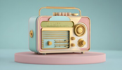 Fototapeta premium 3D Render of Vintage Style Radio Receiver with Pastel Colors and Golden Details 