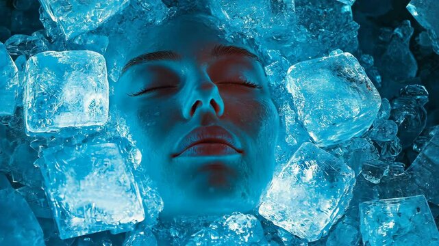 A serene woman lies with her face surrounded by numerous ice cubes