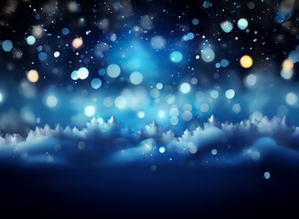 A mesmerizing winter night scene.  Snow-covered trees are silhouetted against a dark blue sky, filled with sparkling bokeh lights and falling snowflakes.  The atmosphere is magical and serene.