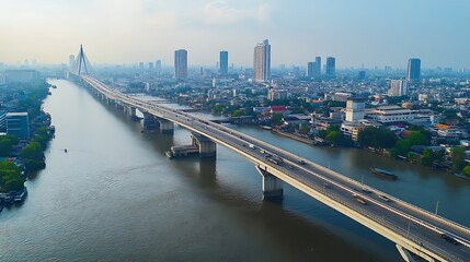 Stunning Bangkok River Scene Highlighting Wide Modern Bridge Crossing Image