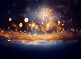 Obraz premium Magical winter scene. Glowing lights and snowflakes shimmer above a snowy landscape, creating a festive, dreamy atmosphere. Perfect for holiday backgrounds.