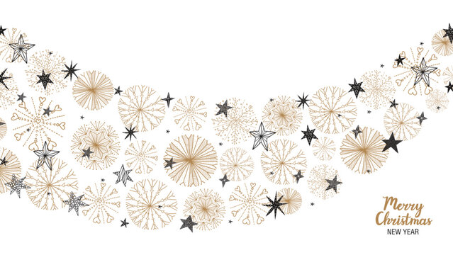 Christmas poster with gold silver snowflakes and black srars on a white background. Vector illustration