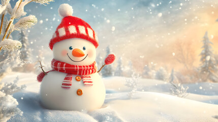 Obraz premium Cheerful Snowman in Red Hat at Sunrise 