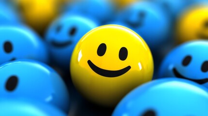A vibrant 3D rendering of a cheerful yellow smiley face standing out amidst a sea of blue smiley faces, symbolizing positivity, individuality, and optimism. 
