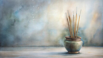 Watercolor rustic ceramic pot with frankincense incense sticks, calming mood, artistic composition with copy space on textured background